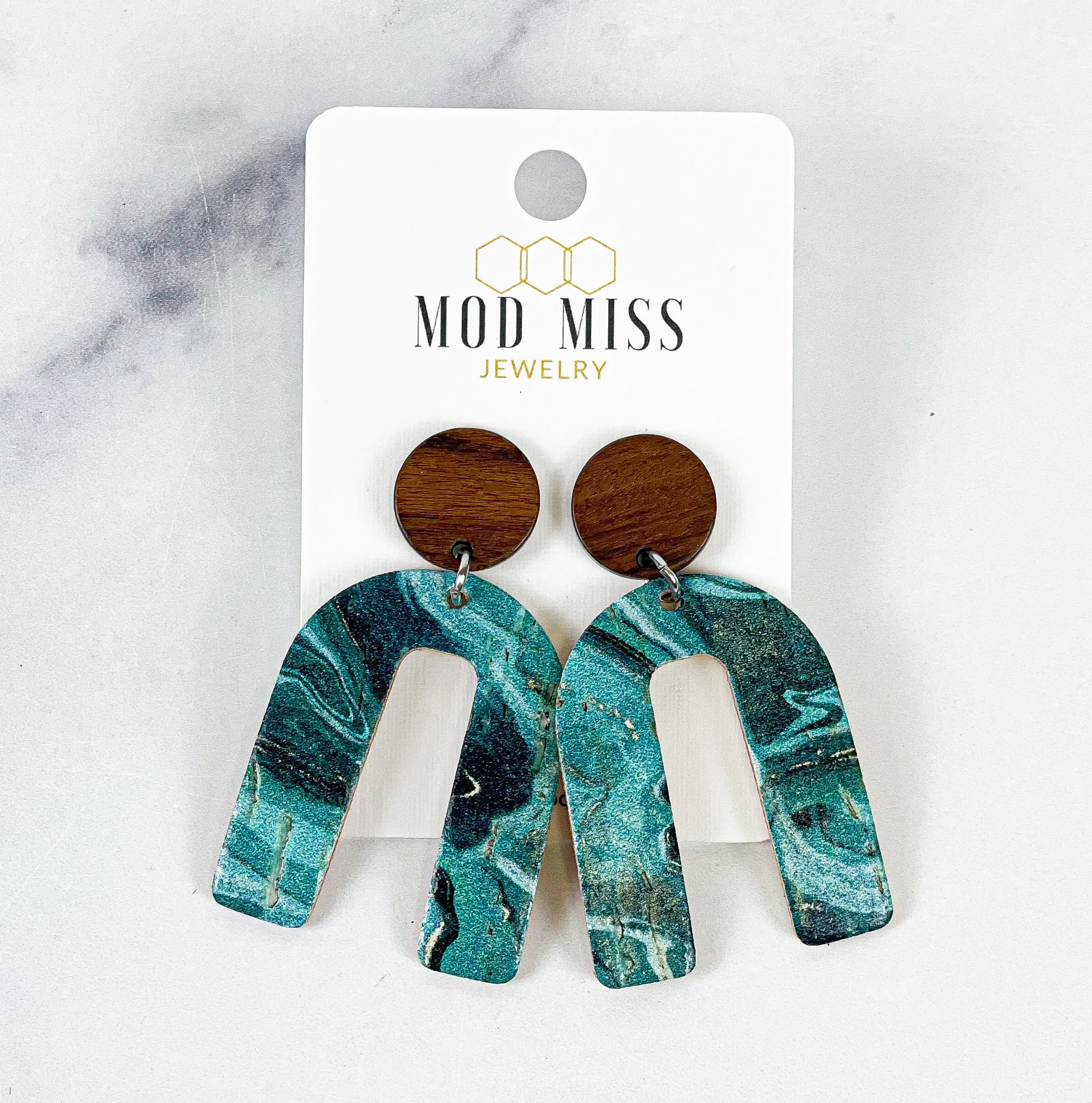 Cork Leather Arch Earring "Emerald Aqua"