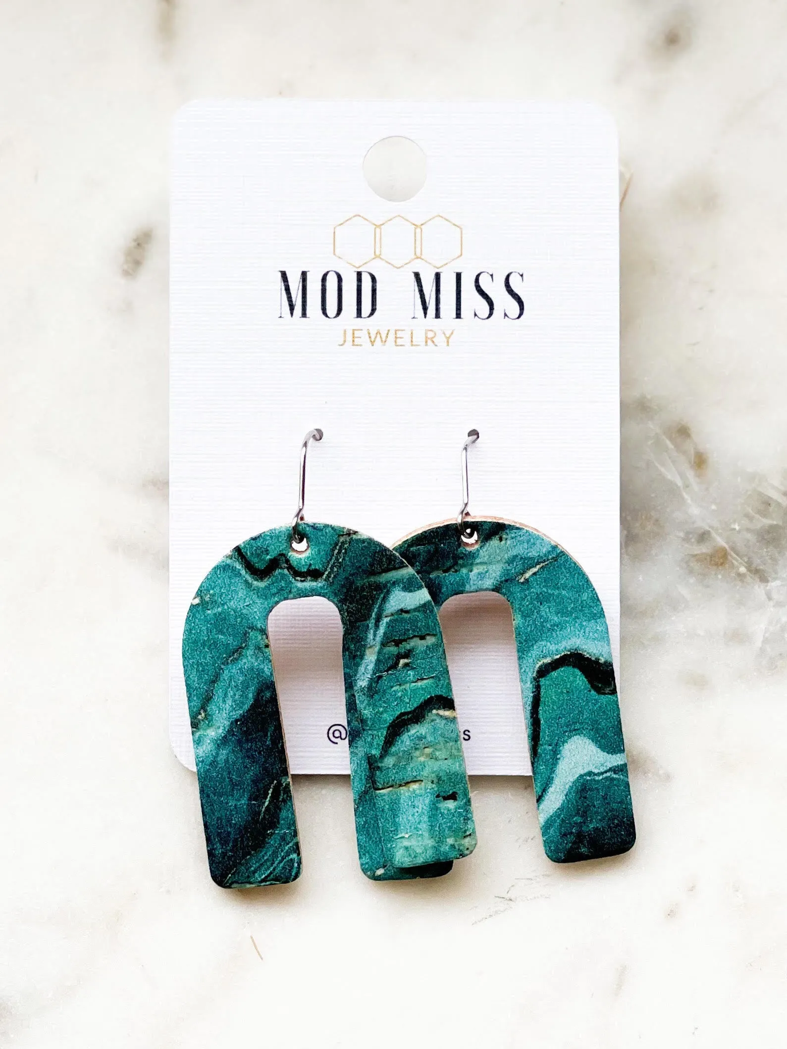 Cork Leather Arch Earring "Emerald Aqua"