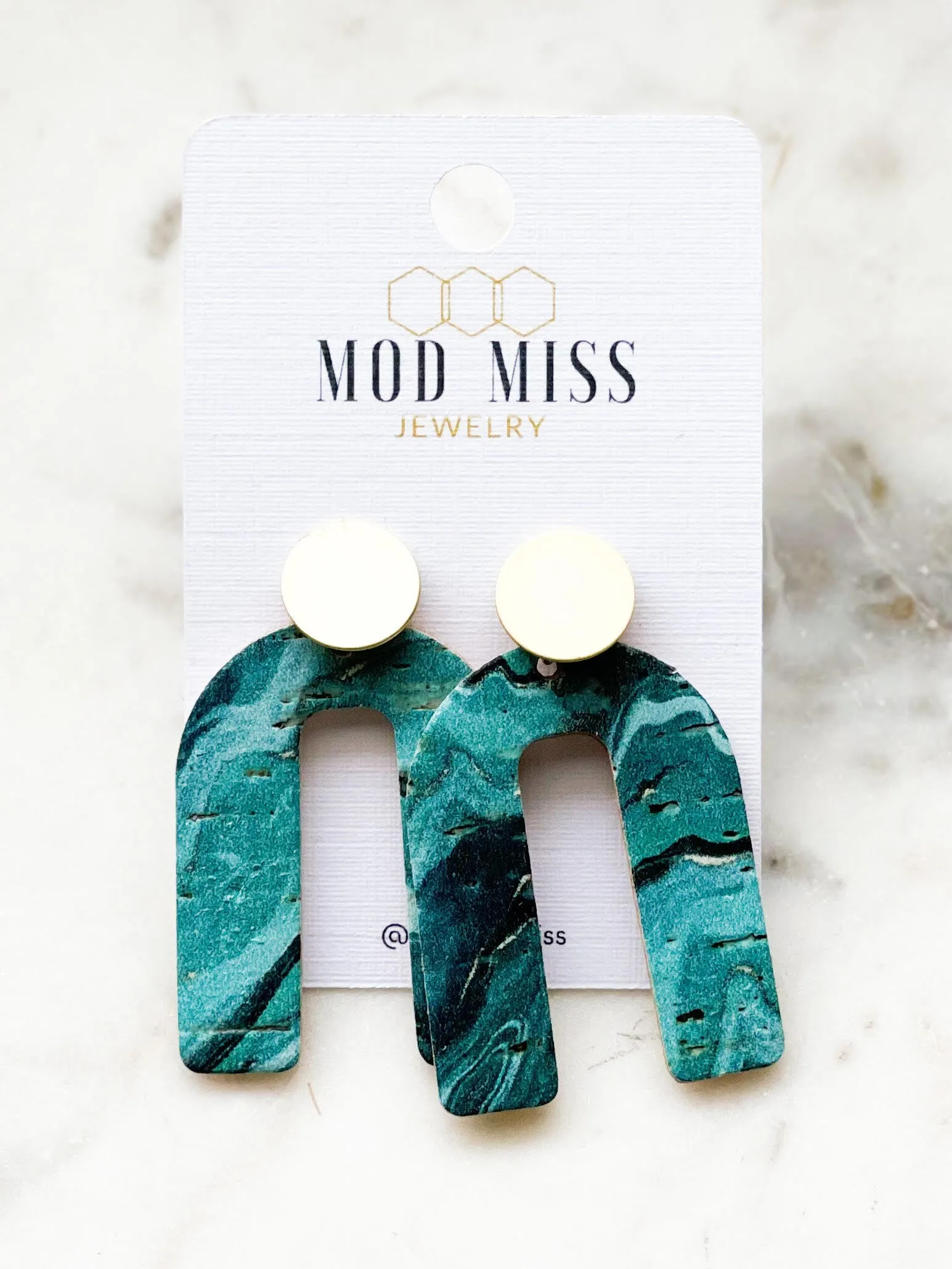 Cork Leather Arch Earring "Emerald Aqua"