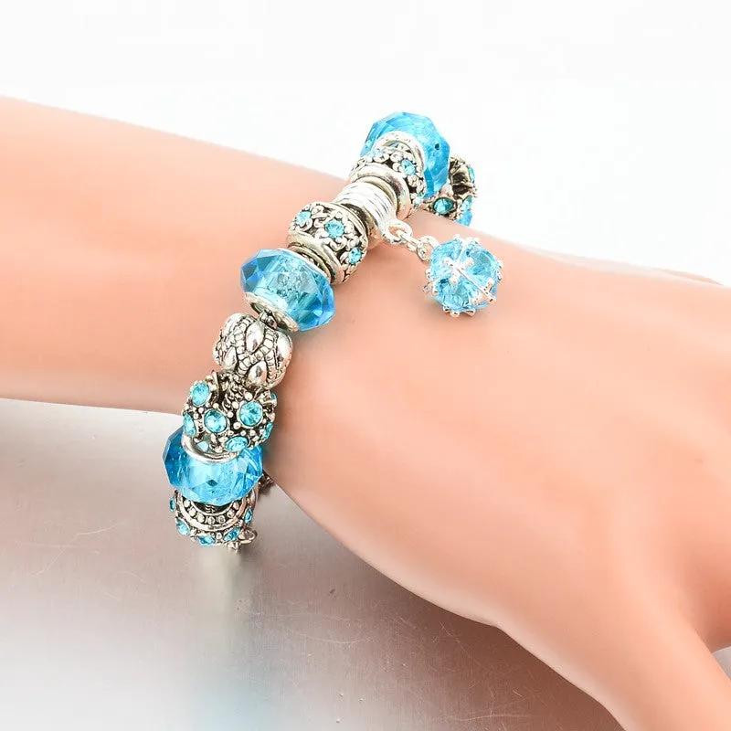 European Style Authentic Tibetan Silver Blue Crystal Charm Braceletas for Women Original DIY Jewelry Christmas Gift