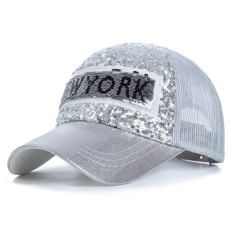 Fashion Women Summer Cap New York Letter Sequins Shiny Baseball Cap Female Streetwear Trucker Hats
