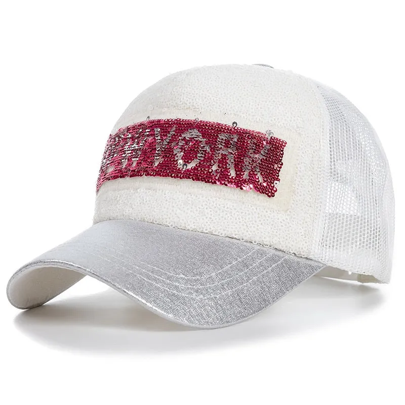 Fashion Women Summer Cap New York Letter Sequins Shiny Baseball Cap Female Streetwear Trucker Hats