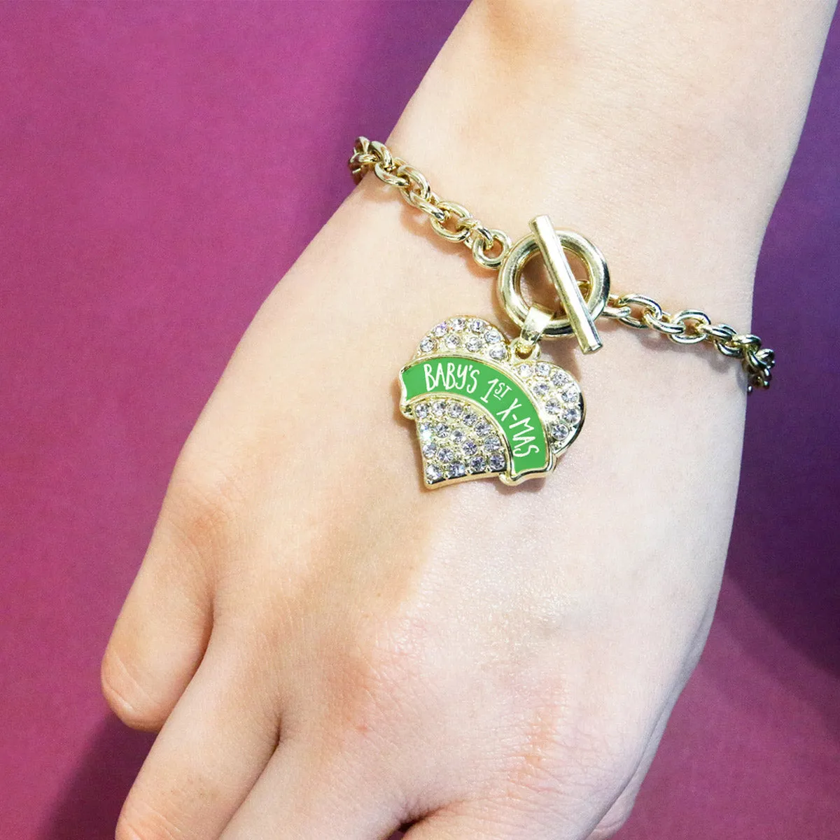 Gold Green Banner Baby's 1st X-Mas Pave Heart Charm Toggle Bracelet
