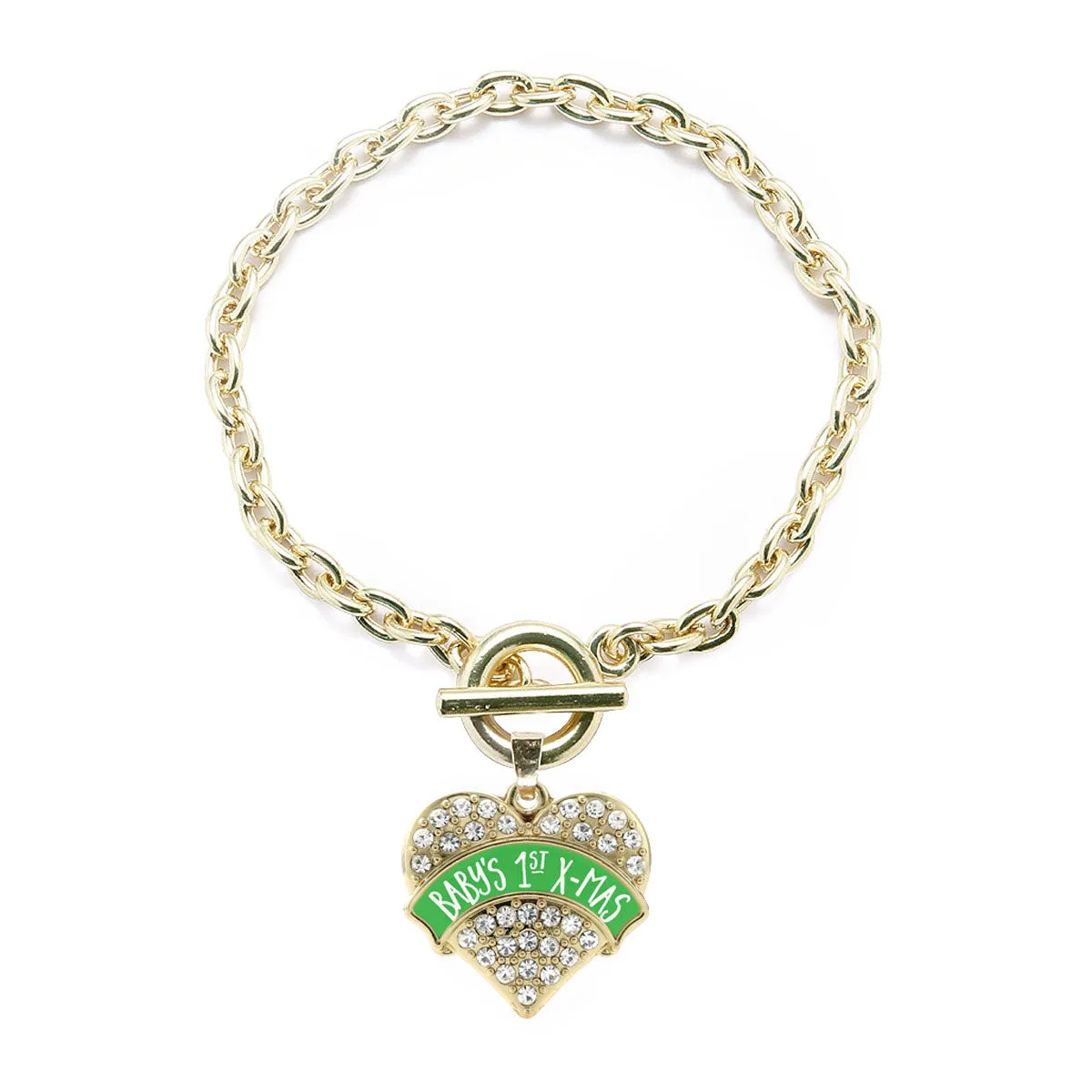 Gold Green Banner Baby's 1st X-Mas Pave Heart Charm Toggle Bracelet