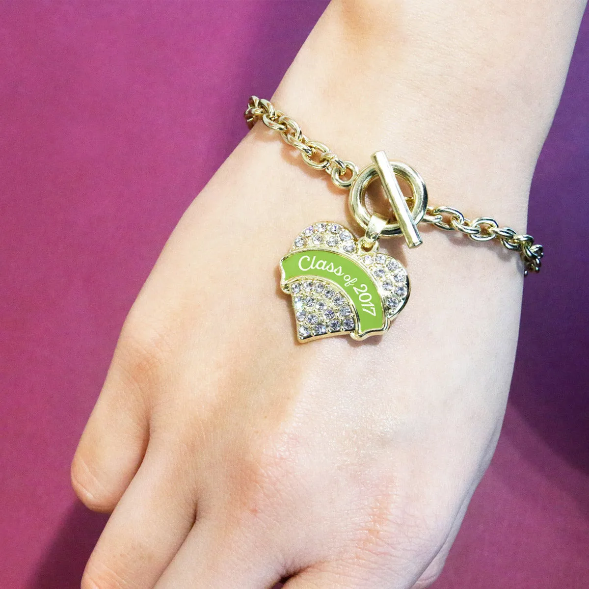 Gold Lime Green Class of 2017 Pave Heart Charm Toggle Bracelet