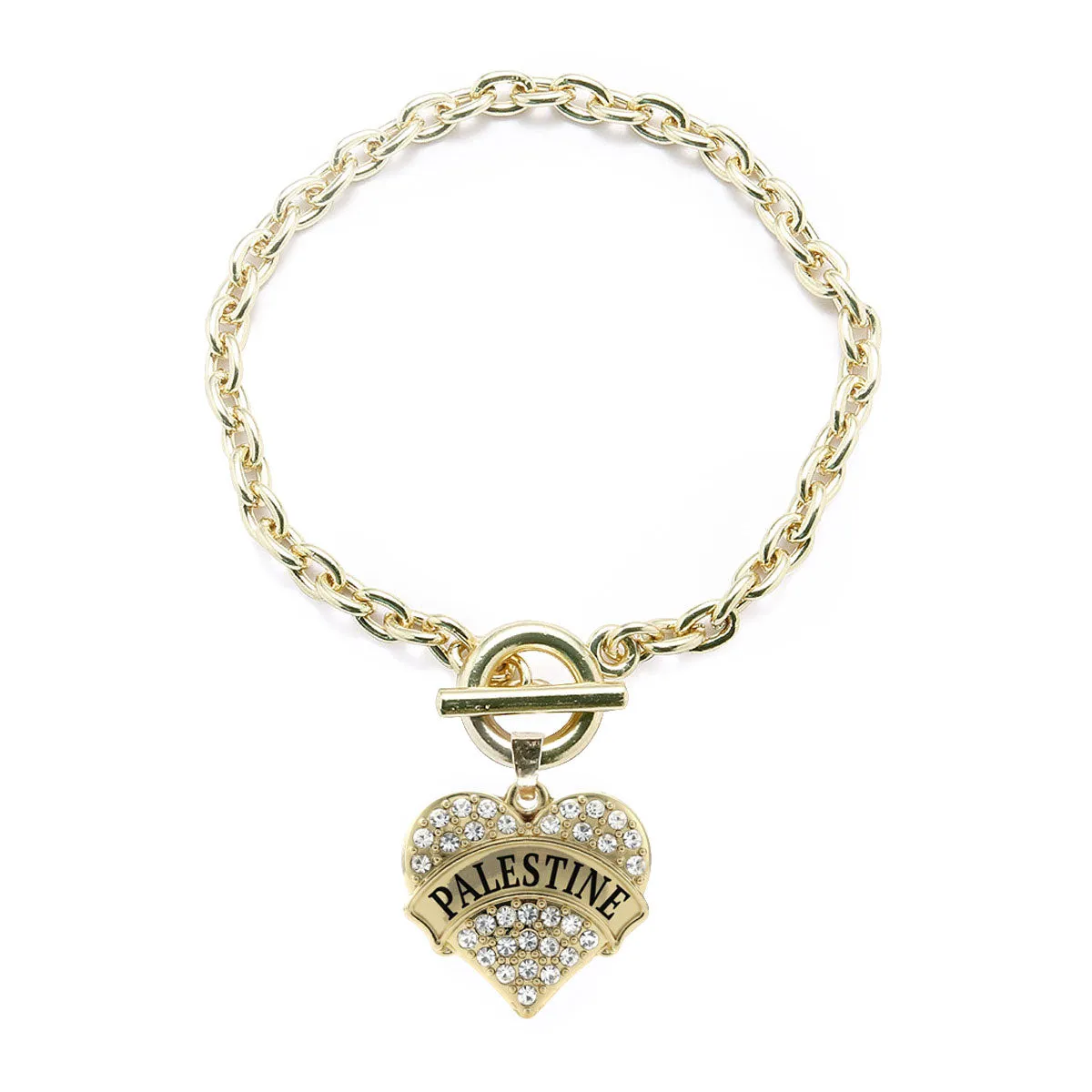 Gold Palestine Pave Heart Charm Toggle Bracelet