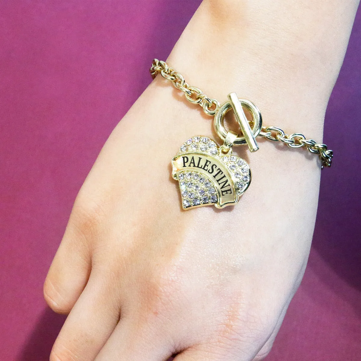 Gold Palestine Pave Heart Charm Toggle Bracelet
