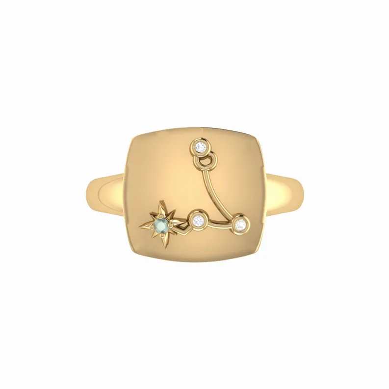 Pisces Two Fish Aquamarine & Diamond Constellation Signet Ring in Sterling Silver