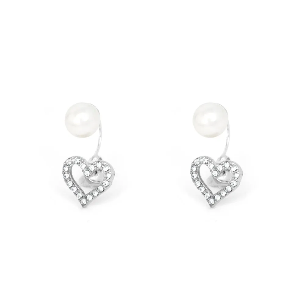 Silver Tone Heart Earrings With Pearl