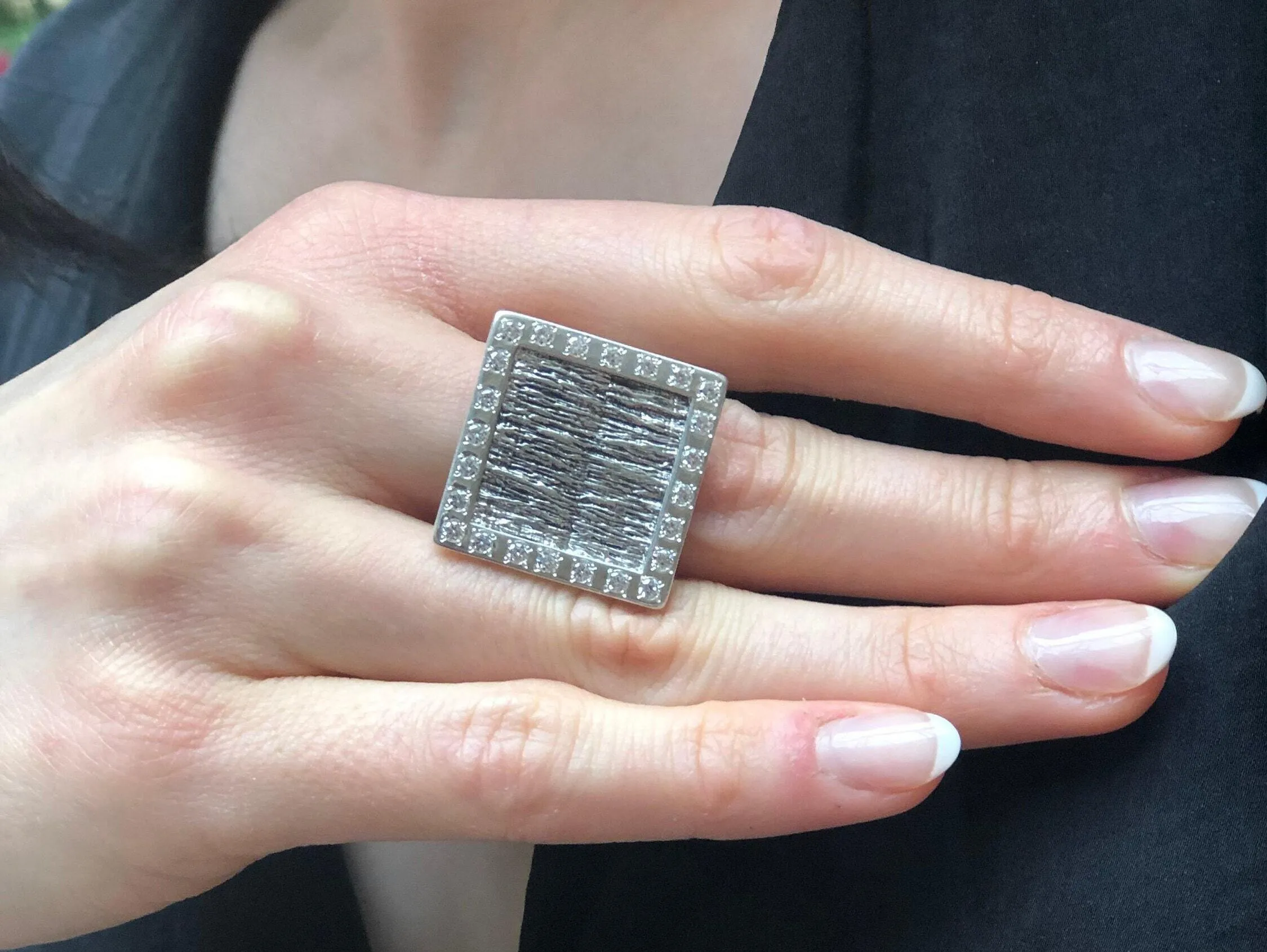 Square Silver Ring - Diamond Statement Ring - Large Square Ring