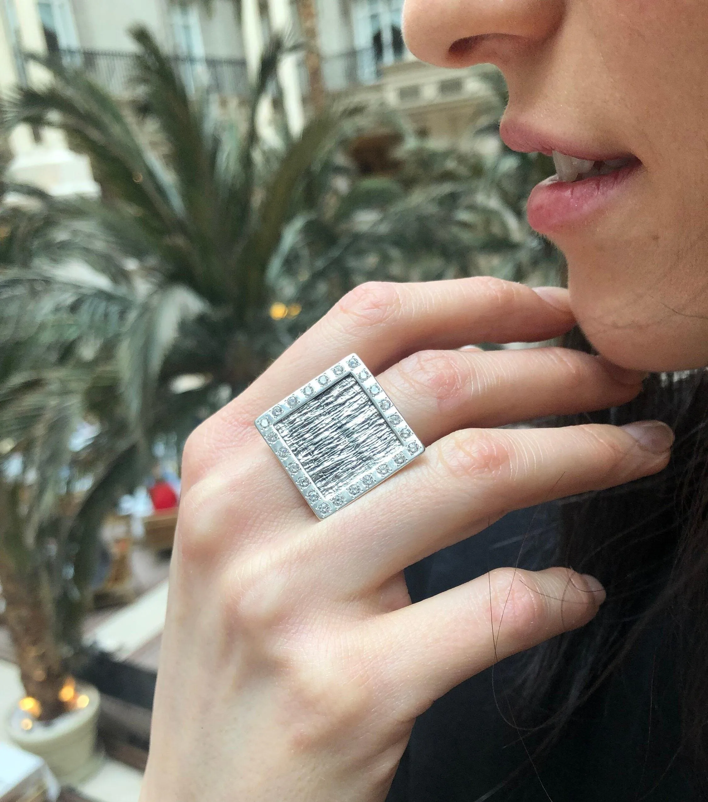 Square Silver Ring - Diamond Statement Ring - Large Square Ring