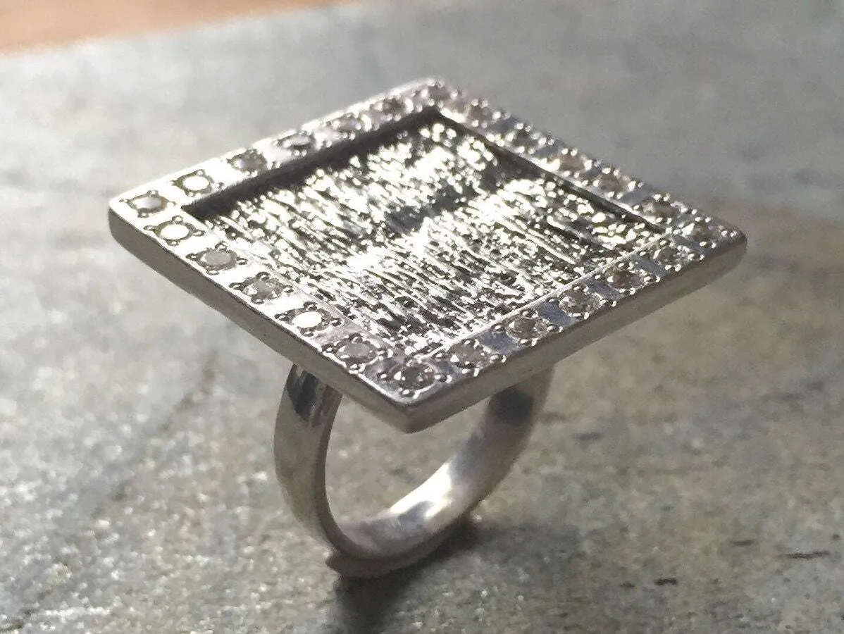Square Silver Ring - Diamond Statement Ring - Large Square Ring