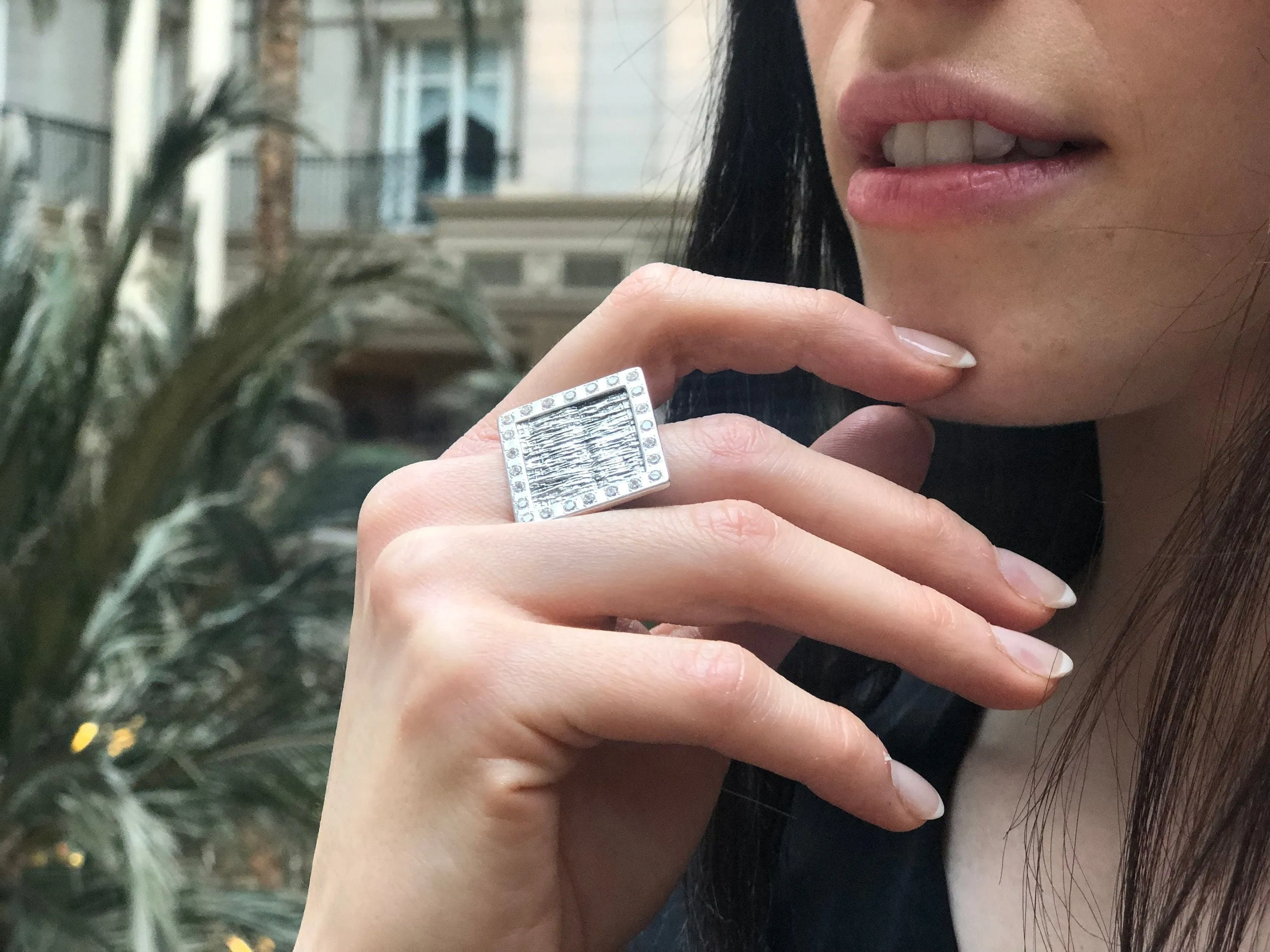 Square Silver Ring - Diamond Statement Ring - Large Square Ring