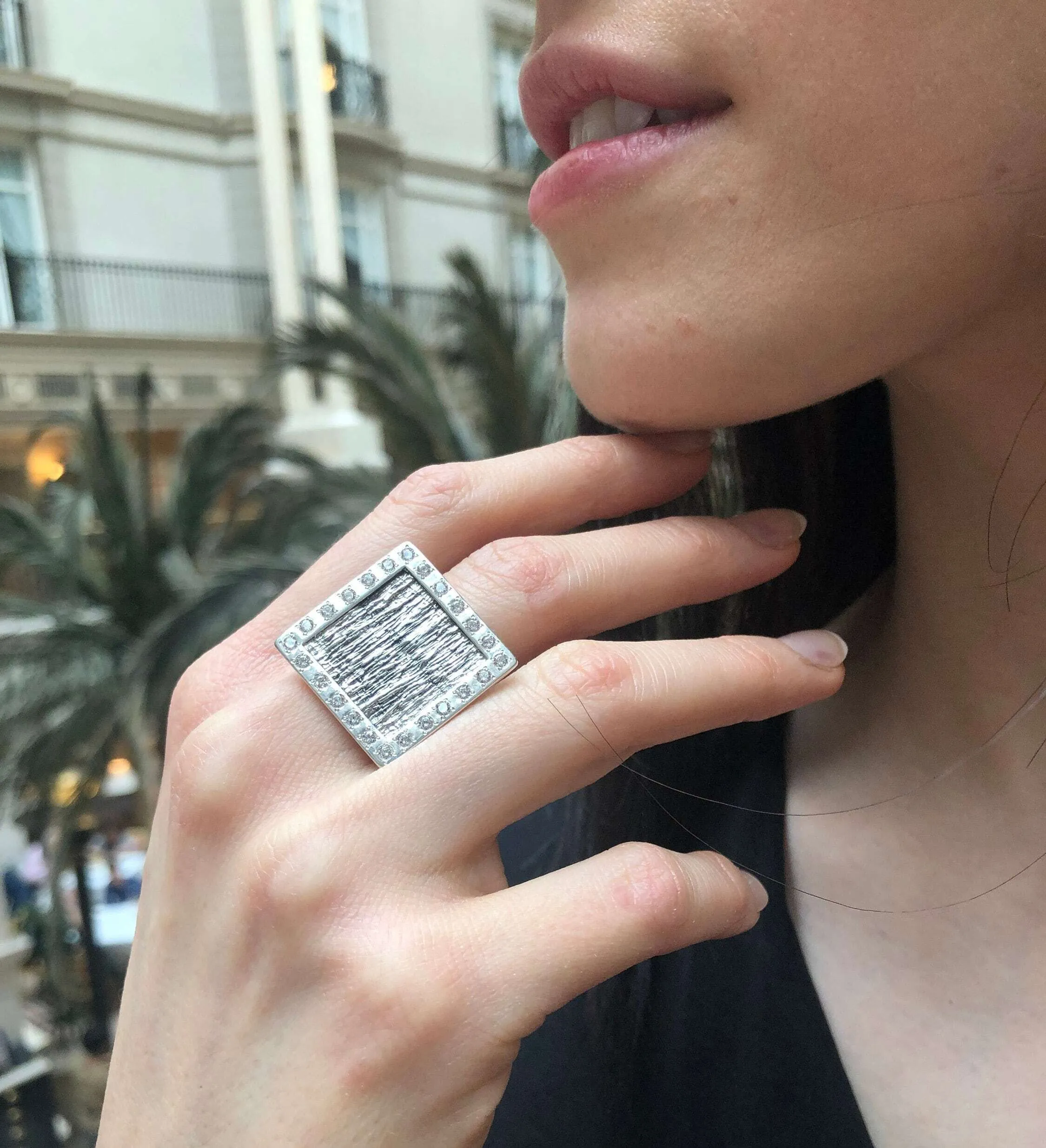Square Silver Ring - Diamond Statement Ring - Large Square Ring