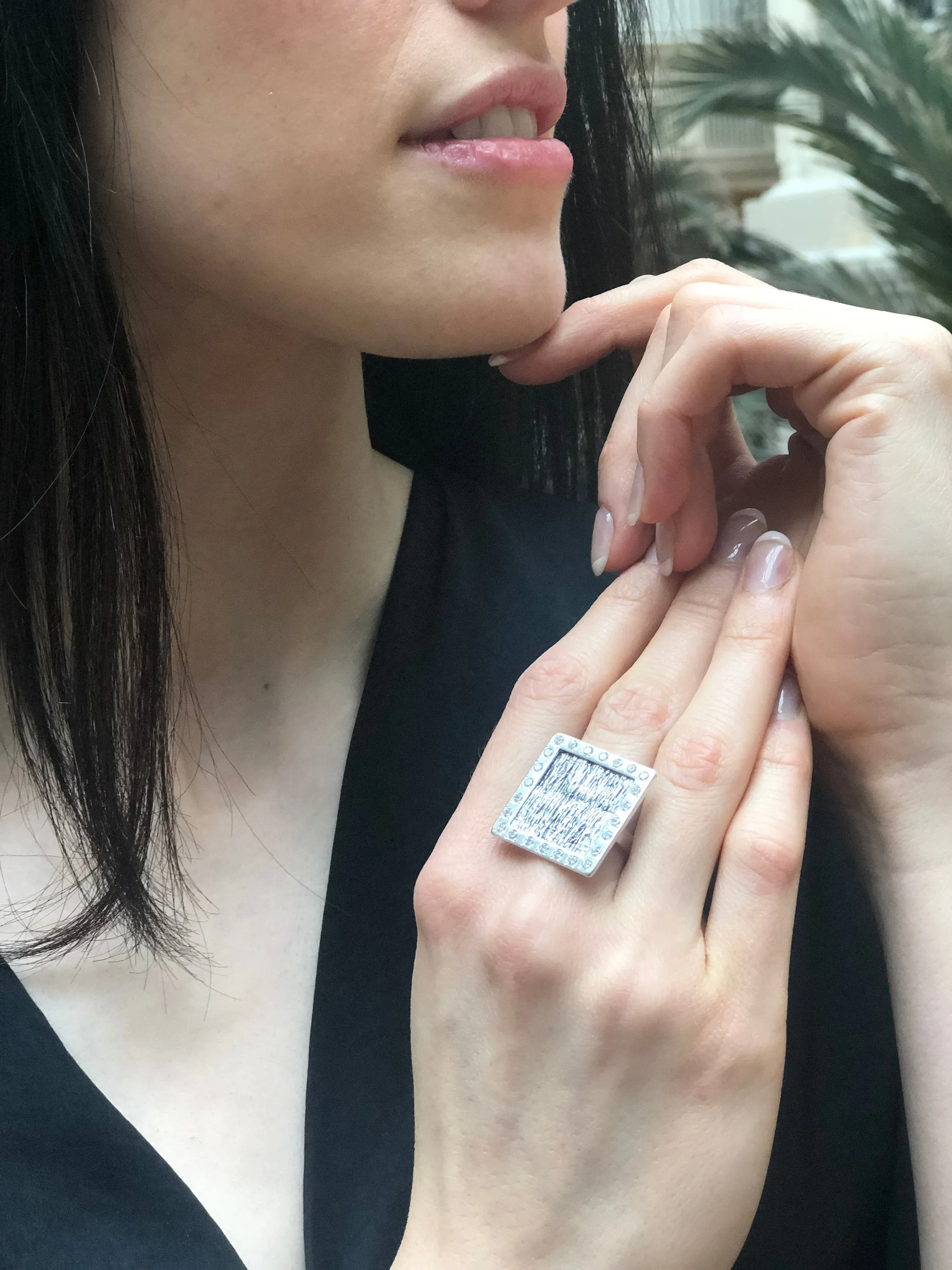 Square Silver Ring - Diamond Statement Ring - Large Square Ring