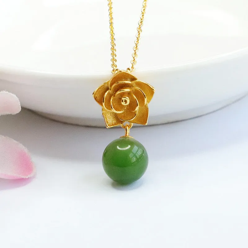 Sterling Silver Jade Pendant Necklace with Jasper Beads and Rose Accents
