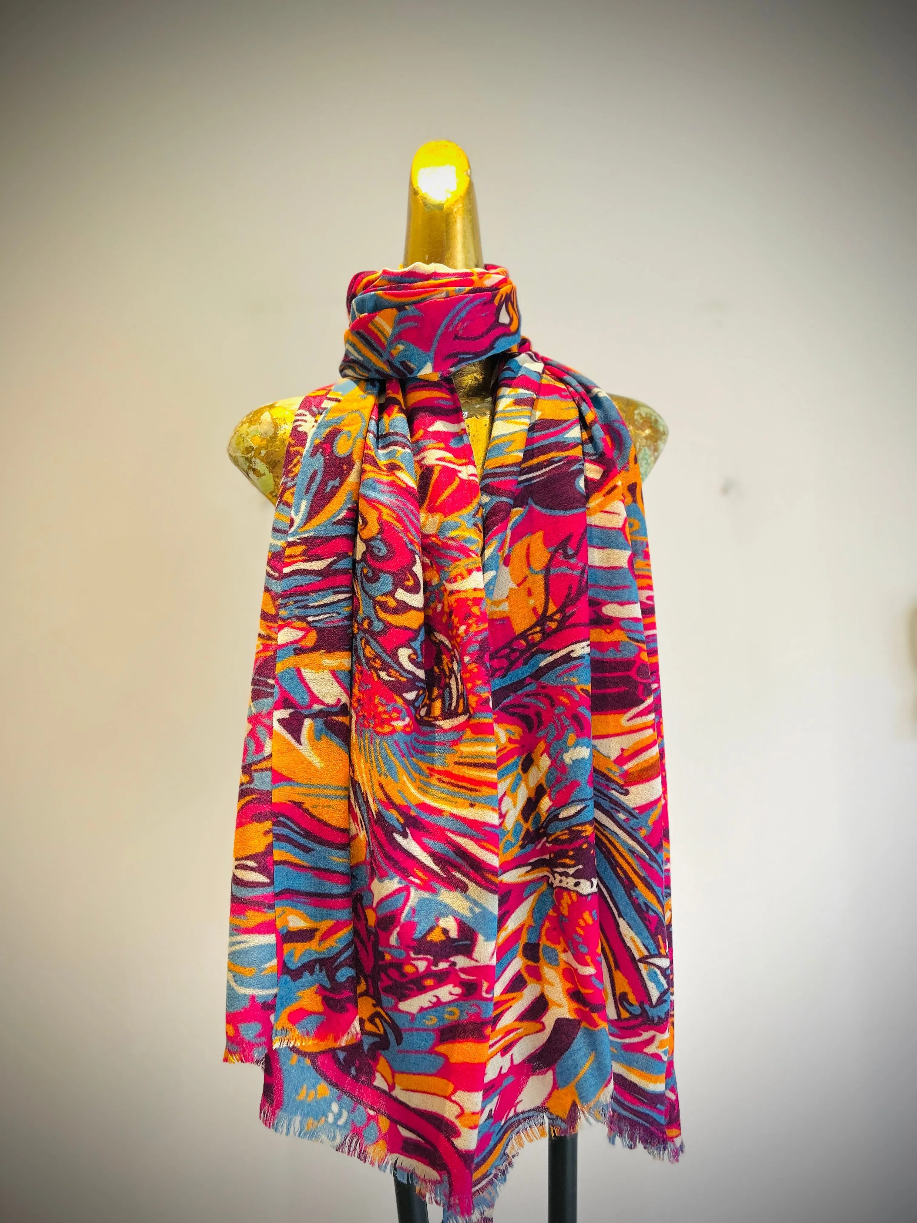 Summer Merino Wool Silk Printed Shawl.     April Sale 25% Off ....At Checkout Use Code April25