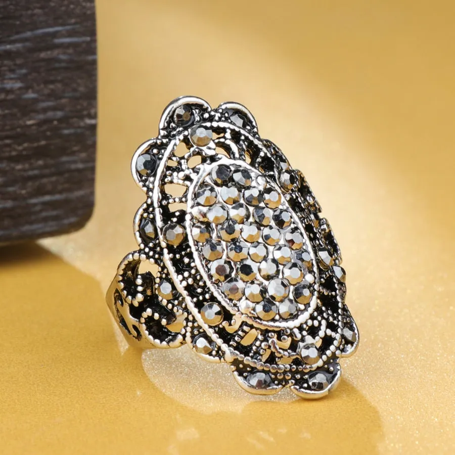 Vintage Jewelry Full Dark Gray Cubic Zirconia Rings For Women in Silver Color