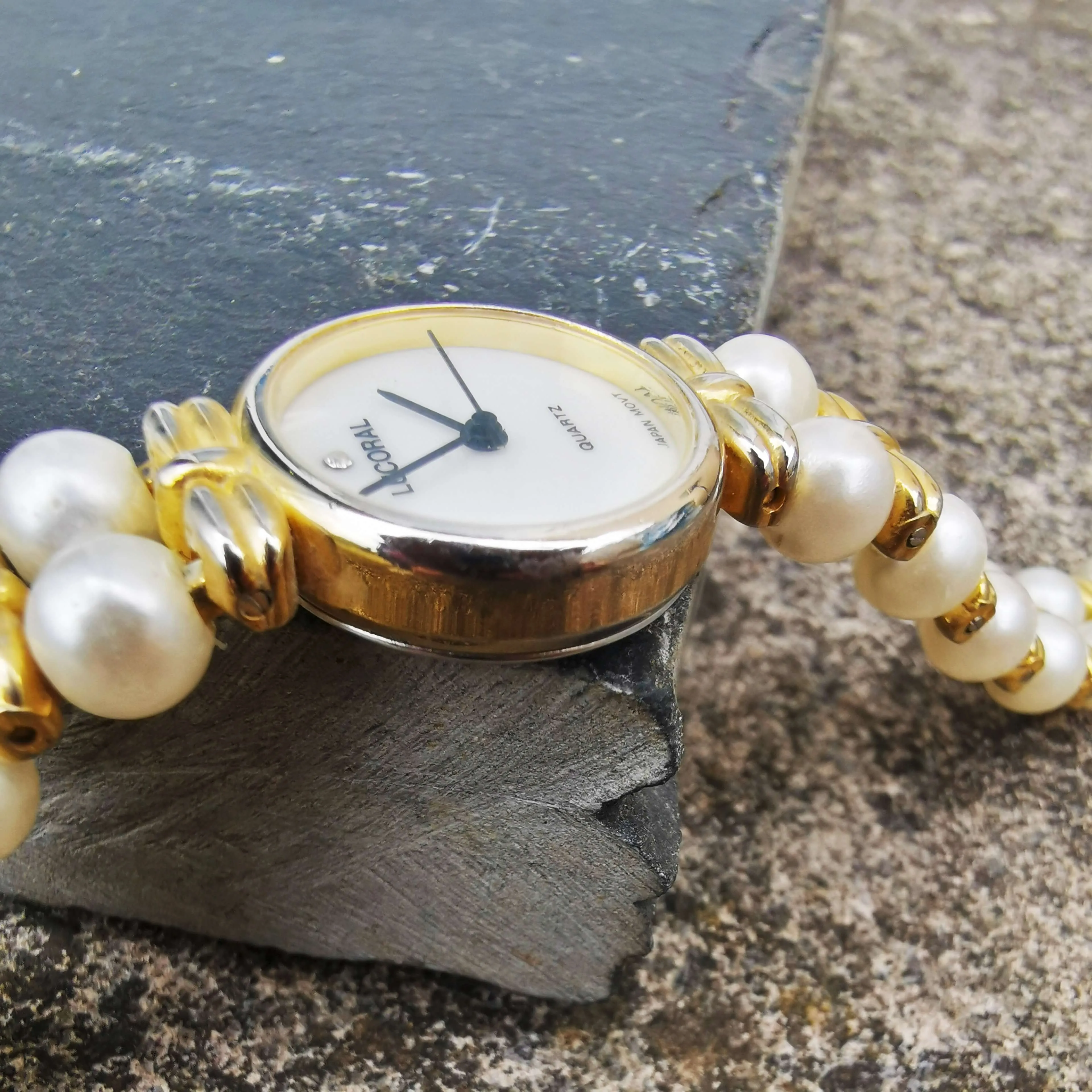 Vintage Women's Lucoral Gold Plated Quartz Watch With A Pearl Bracelet