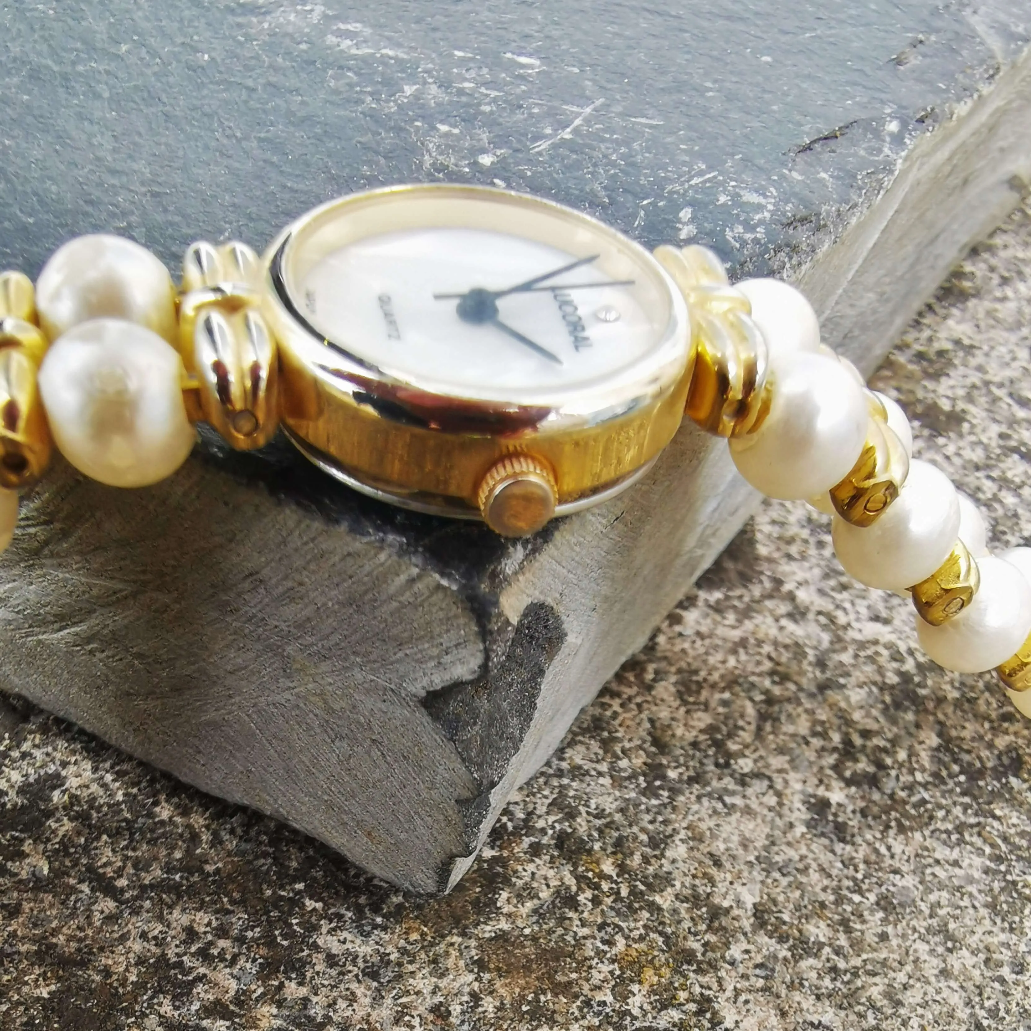 Vintage Women's Lucoral Gold Plated Quartz Watch With A Pearl Bracelet