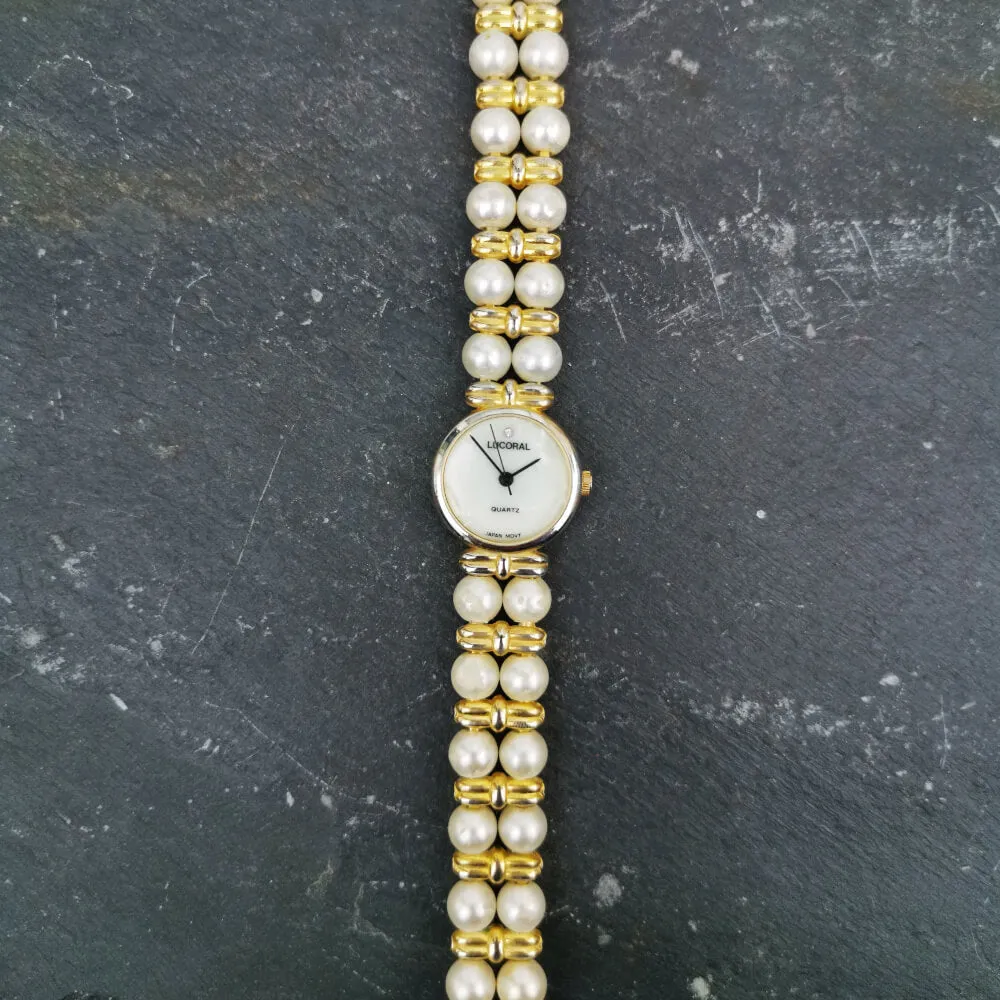 Vintage Women's Lucoral Gold Plated Quartz Watch With A Pearl Bracelet