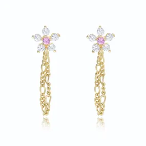 Zircon Flower with Chain Silver Drop Earrings for Women